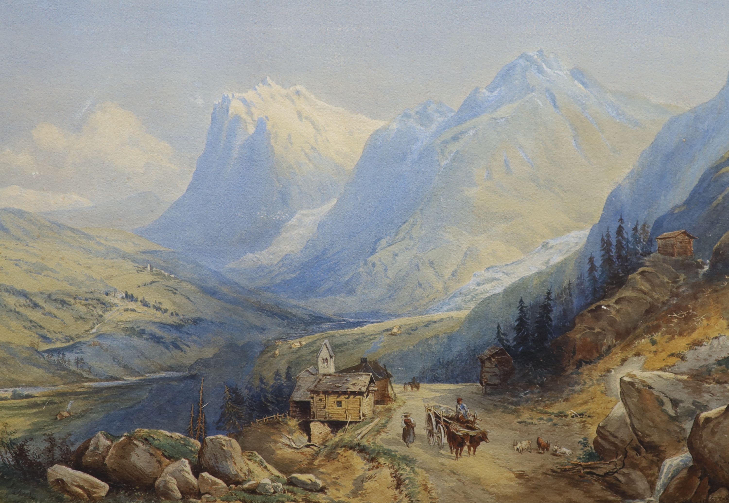 Rutherford, watercolour, Metrora, signed, 45 x 64 cm. Unframed and a watercolour Alpine landscape dated 1875, 44 x 63 cm.